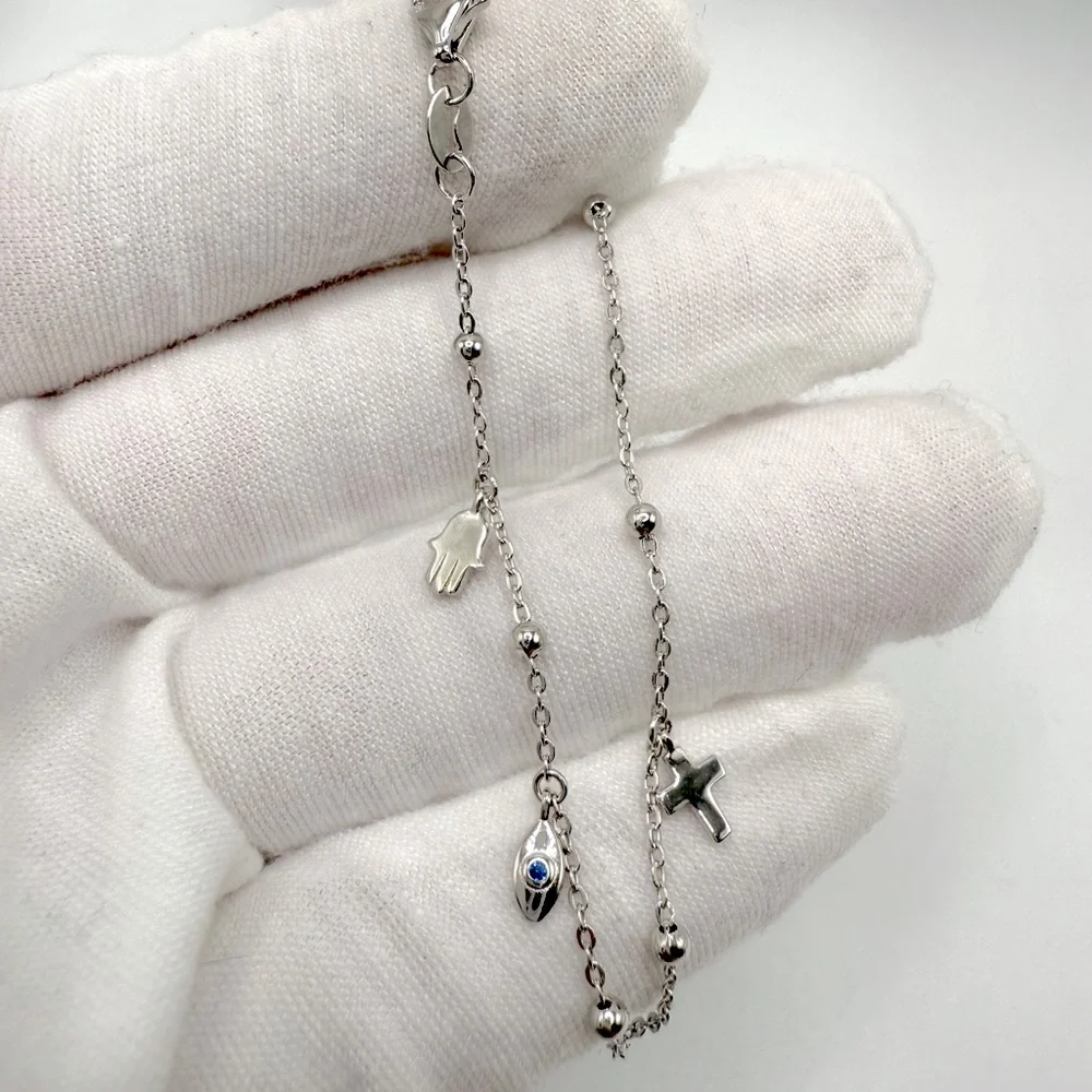 6.75” Dainty .925 Sterling Silver Dangle Eye, Cross and Hamsa Charm Bracelet